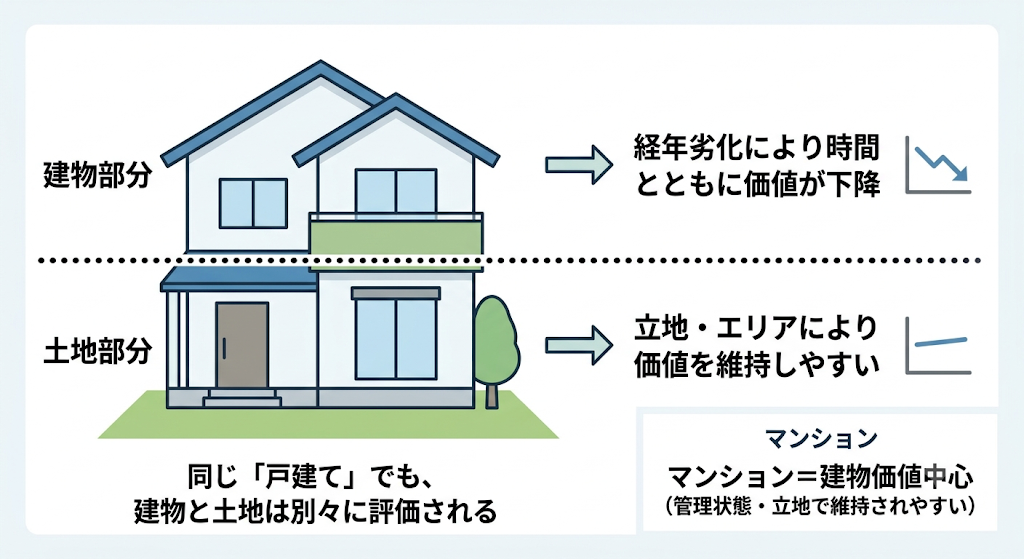 戸建ての資産価値(建物と土地の評価の違い)を説明する図解画像