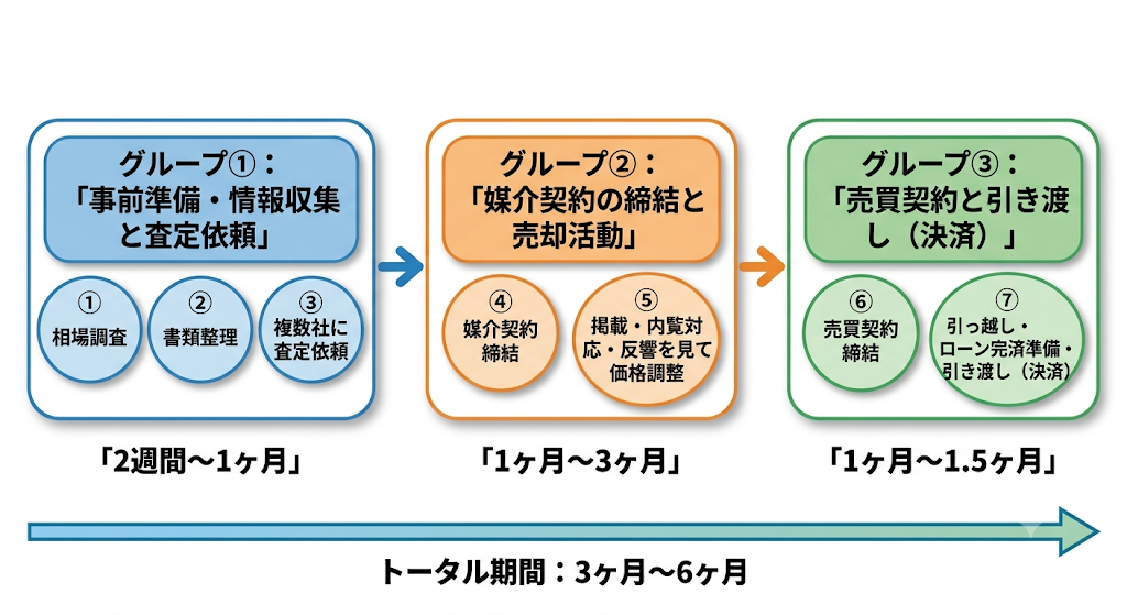 不動産売却のフロー図:3つのステップと各期間、トータル期間(3ヶ月〜6ヶ月)を示す図解