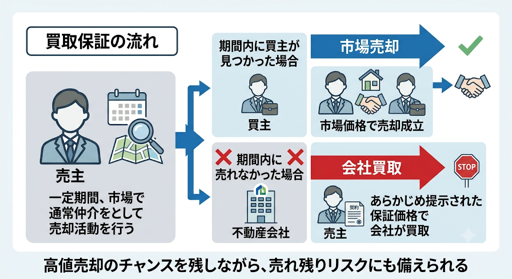 買取保証の流れと売却成立・会社買取の分岐を説明する図解画像