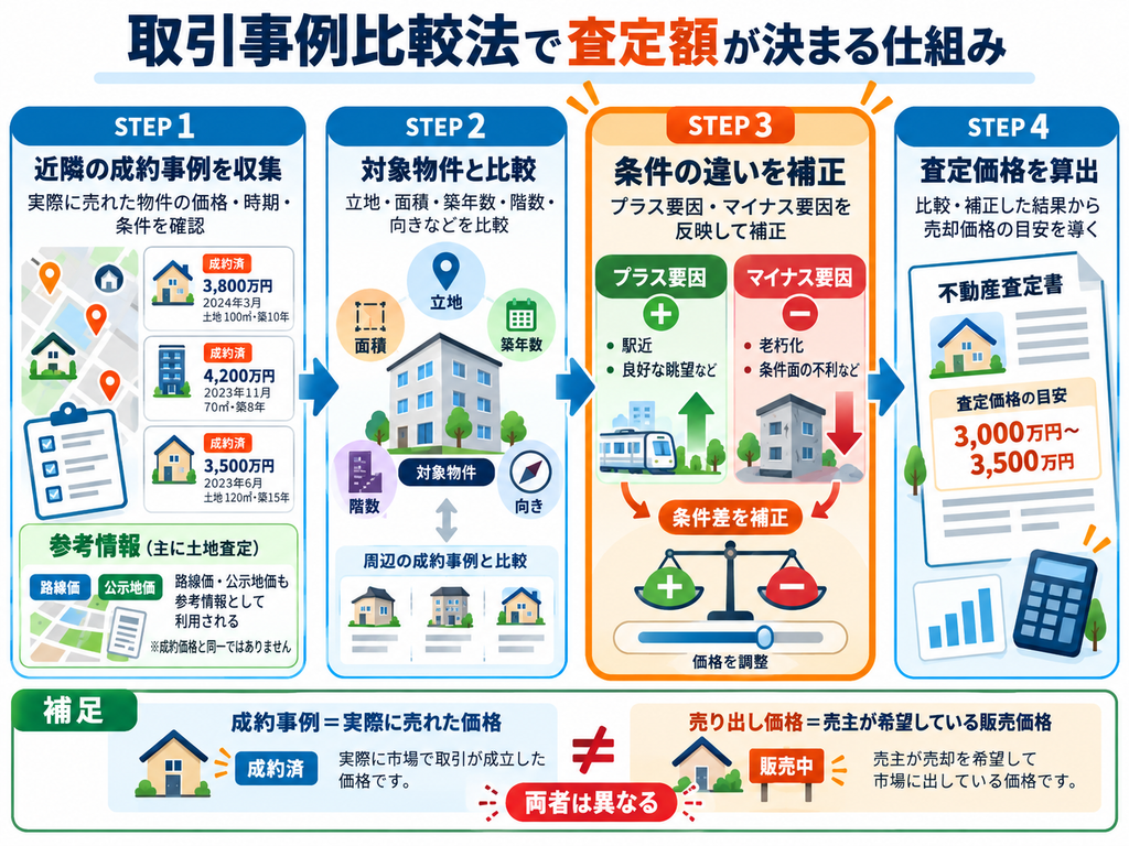 不動産査定で使われる取引事例比較法の仕組みを4ステップで解説した図解。近隣の成約事例の収集、対象物件との比較、築年数や立地などの条件補正を経て査定価格を算出する流れを紹介。