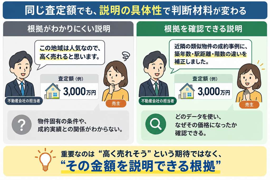 不動産査定額が同じ3,000万円でも、査定根拠の説明によって判断材料が変わることを示した比較図。地域の人気を理由とする抽象的な説明と、近隣の成約事例や物件条件に基づく具体的な説明の違いを解説。