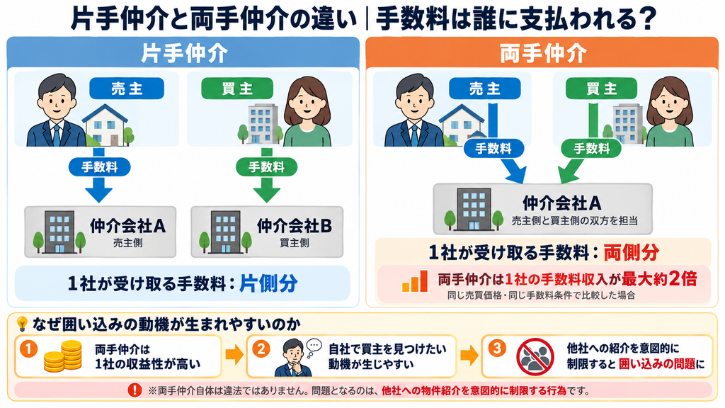 不動産売買における片手仲介と両手仲介の違いを手数料の流れで比較した図解。片手仲介は売主側・買主側の別会社がそれぞれ手数料を受け取り、両手仲介は1社が双方から受領する仕組み。囲い込みの動機が生まれる背景も解説。