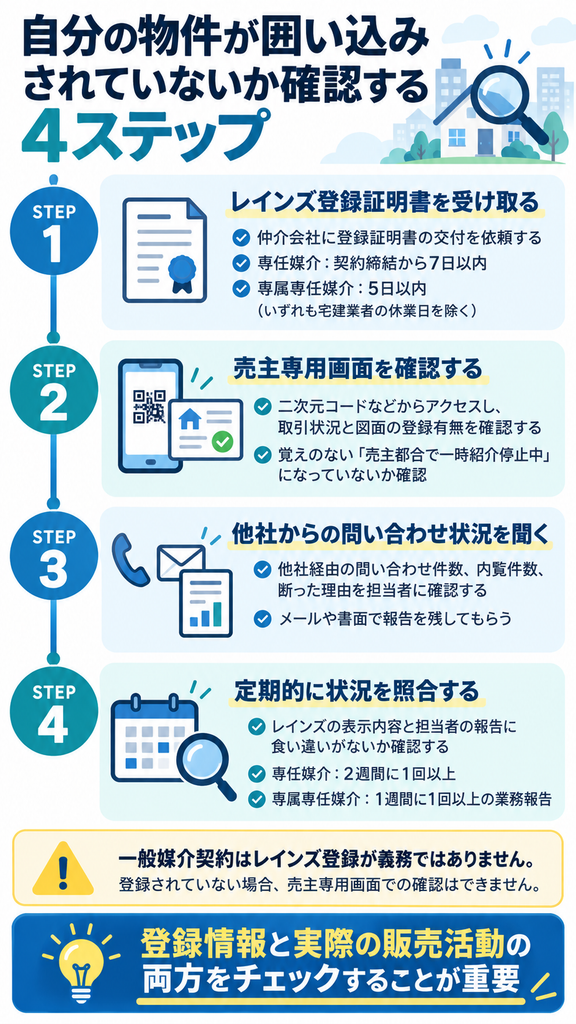 不動産売却で自分の物件が囲い込みされていないか確認する4ステップを解説。レインズ登録証明書の受領、売主専用画面での取引状況確認、他社からの問い合わせ状況の確認、仲介会社の業務報告との定期的な照合までを順番に紹介。