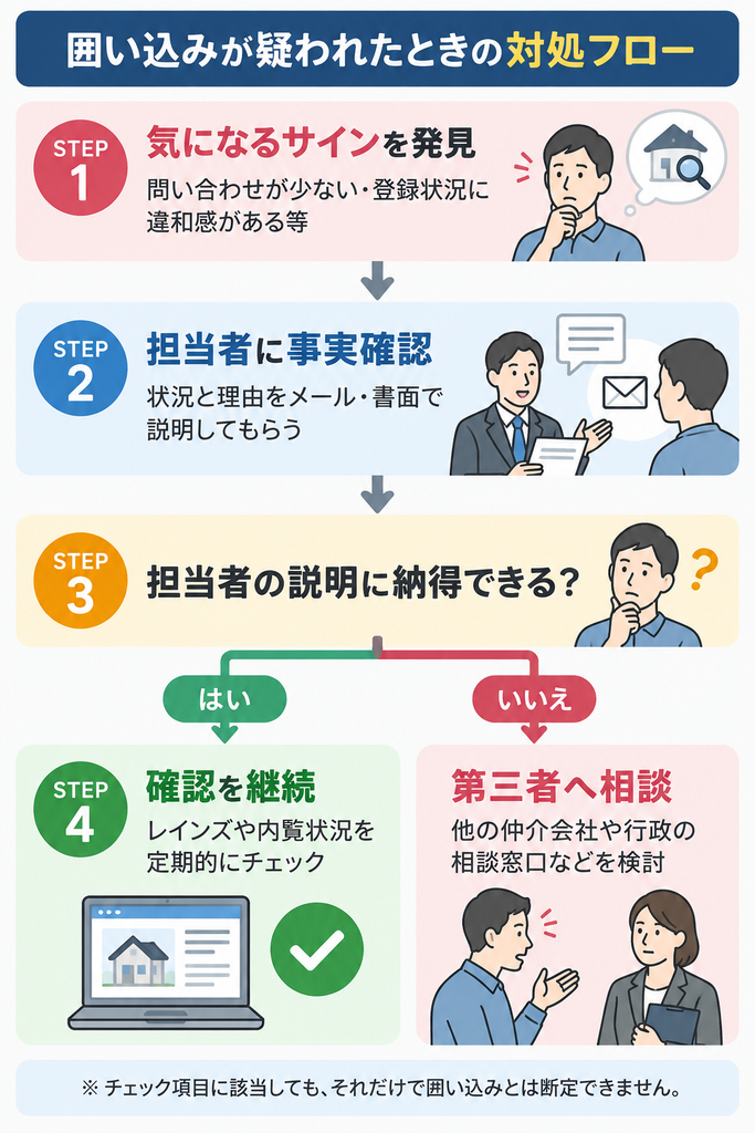 不動産売却で囲い込みが疑われたときの対処法を示したフローチャート。レインズの登録状況や問い合わせ件数に違和感があれば、仲介会社に事実確認を依頼。説明に納得できる場合は確認を継続し、納得できない場合は第三者への相談を検討する。