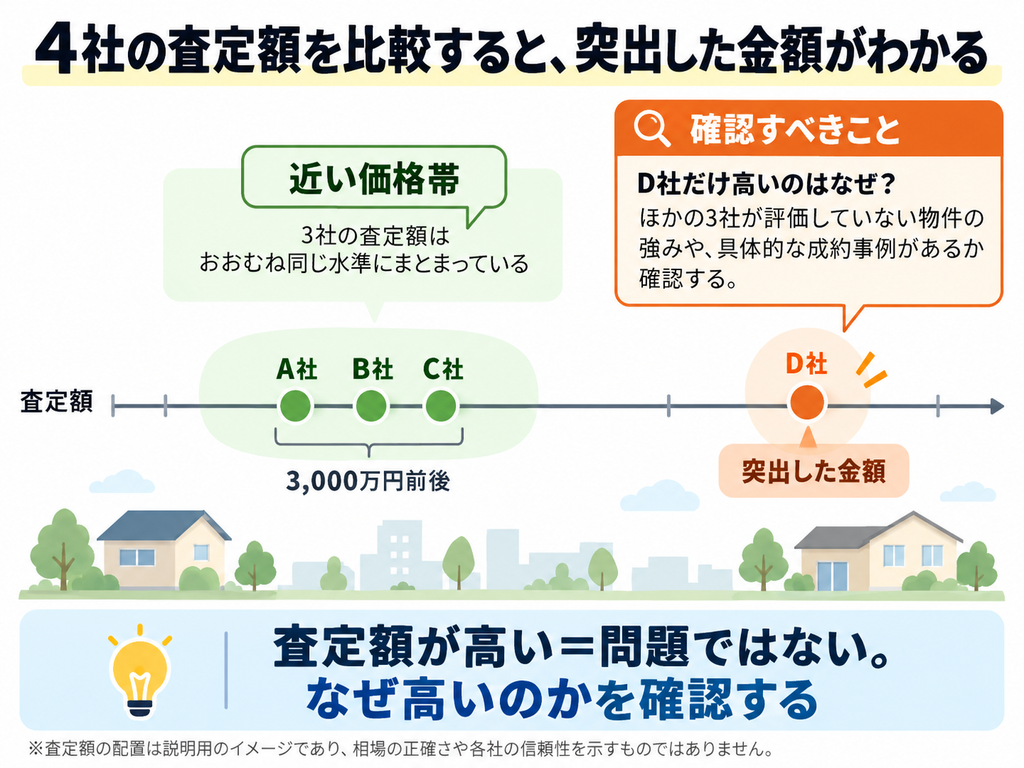 不動産会社4社の査定額を比較し、突出した高額査定を見極めるポイントを示した図解。A〜C社の査定額が3,000万円前後に集中する一方、D社のみ高いケースを例に、査定価格の根拠を確認する重要性を解説。