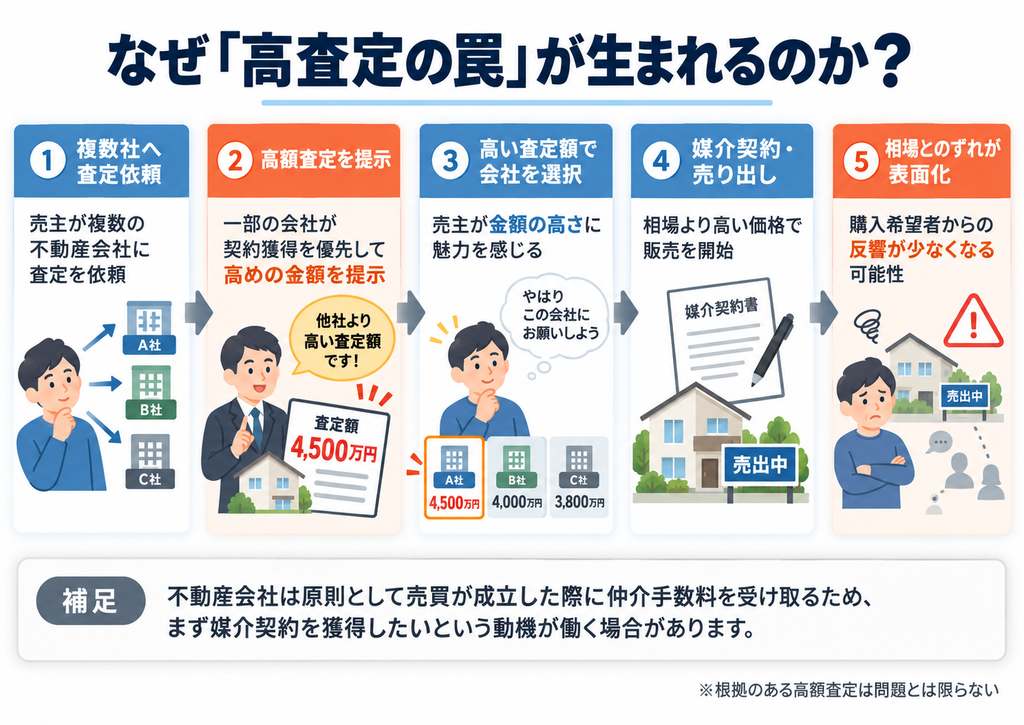 不動産売却で高査定の罠が生まれる仕組みを5つのステップで解説した図解。複数社への査定依頼から高額査定の提示、媒介契約、売り出し、相場とのずれによる反響減少までの流れを紹介。