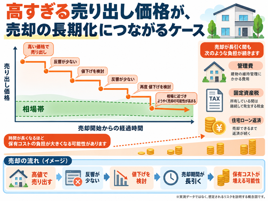 不動産の売り出し価格が高すぎることで売却期間が長期化するリスクを示した概念図。値下げによる価格推移と、売却活動中に発生し続ける管理費・固定資産税・住宅ローン返済などの保有コストを解説。