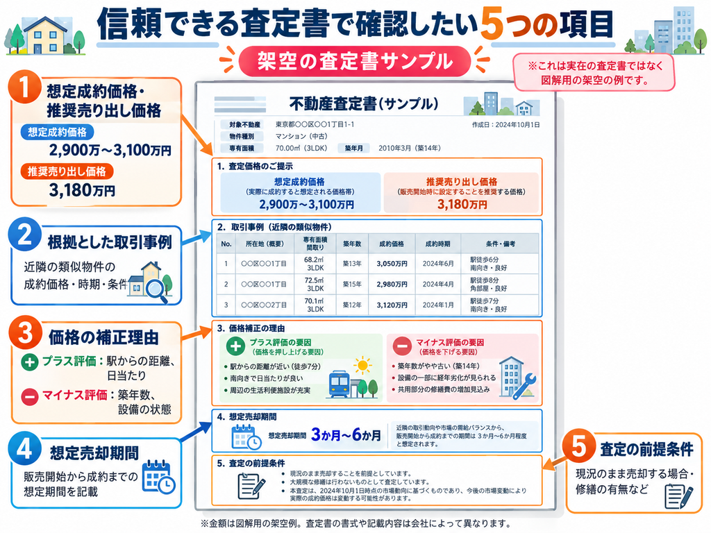 不動産査定書の見方と確認すべき5つの項目を架空のサンプルで解説した図解。想定成約価格と推奨売り出し価格の違い、成約事例、価格補正の理由、想定売却期間、査定の前提条件を紹介。